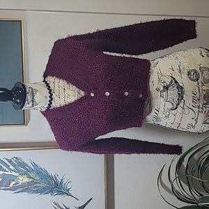 Art Class plum metallic crop button front sweater